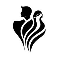 Silhouette of a man and woman in profile, intertwined by flowing lines, symbolizing connection and elegance in a monochromatic design. vector
