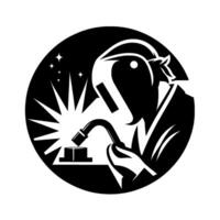 A bold black and white silhouette of a welder in action, welding sparks in a circular frame. vector