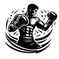 Bold black and white silhouette of a muscular boxer in fighting stance, surrounded by dynamic elements. vector