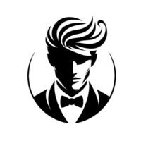 A stark black and white of a stylish man in a tuxedo with dramatic, perfectly coiffed hair, framed by a curved, circular border on a white background. vector