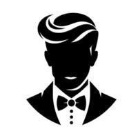 Silhouette of a stylish gentleman in formal attire, showcasing a modern hairstyle and a prominent bow tie against a clean, white background, ideal for logos. vector