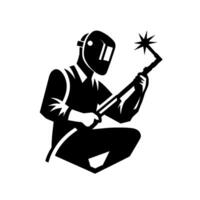 A stylized, black and white illustration of a welder in a crouching position, holding a welding torch with a bright starshaped spark emanating from the tip, set against a stark white background. vector