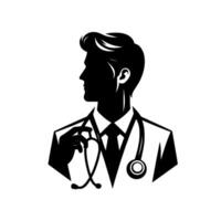 Silhouette of a doctor in profile, holding a stethoscope a minimalist and bold for medical branding and illustration, set against a clean white background. vector