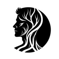 A stylized black and white illustration of a mans profile, merging his form with a treelike organic structure within a circular frame. vector