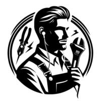 Illustration of a handsome mechanic wearing overalls, earbuds, holding a wrench inside a circular emblem. vector