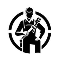 Black and white illustration of a plumber in overalls, holding a wrench, within a targetlike design, on a white background. vector