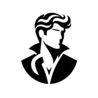 Stylized monochrome illustration of a mans profile, with a vintage pompadour hairstyle, classic attire, and sharp geometric design. vector