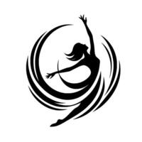 Elegant silhouette of a dancer reaching upward, encircled by fluid swirls, evoking grace and movement on a clean white background. vector