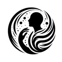 Abstract silhouette art representing a person in profile, hand reaching, framed by flowing lines, circular design, and scattered dots. vector