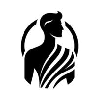 A minimalist black and white illustration of a mans silhouette, framed by a circle, with detailed striped patterns on his shoulder, symbolizing strength. vector