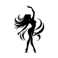 A graceful silhouette of a ballerina in a dynamic pose, reaching upward with flowing hair and stylized ribbons against a stark white background. vector