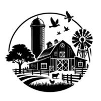Silhouetted farm scene within a circle barn, silo, windmill, birds, and livestock in a simple, elegant design. vector