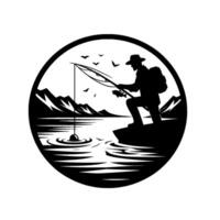 A silhouette illustration within a circle, depicting a fisherman casting a line into a serene lake surrounded by mountains and birds. vector