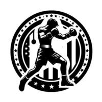 A striking monochrome of a boxer in action, encapsulated within a starstudded circular frame, symbolizing strength, determination, and the spirit of competition. vector