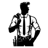 Noir detectives silhouette stylish figure in suit with suspender, tie, and a sidearm, exudes a blend of sophistication and mystery. vector