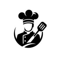 Stylized black and white chef icon, featuring a spatula and a circle element, ready for culinary ventures. vector