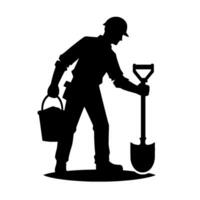 Silhouette of a construction worker in hard hat, holding a bucket and shovel, performing labor against a stark white background, representing industry and construction. vector