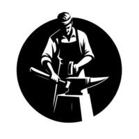 A stylized black and white illustration of a blacksmith shaping metal on an anvil within a circular frame, emphasizing craftsmanship and manual labor. vector