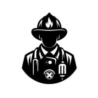 A stylized silhouette of a firefighter, rendered in black and white, wearing a helmet with a flame emblem, a mask, and a stethoscope, embodying courage and heroism. vector