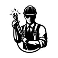 A stylized, black and white of an electrician holding a wrench emitting sparks, wearing a hard hat and a confident expression. vector