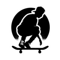 Silhouette of a skateboarder performing a trick, against a black circular backdrop and horizontal lines, in a clean, style. vector