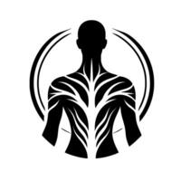 Abstract silhouette of human torso with veinlike patterns and circular design, representing body and energy. vector