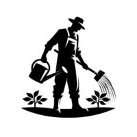 Silhouetted gardener in overalls watering plants with watering can and sprinkler head, simple black and white illustration, agriculture concept. vector