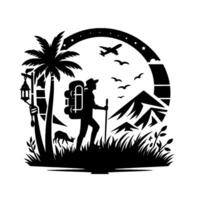 A silhouette illustration depicts a hiker with a backpack, trekking through a scenic wilderness with palm trees, mountains, birds, and a plane. vector