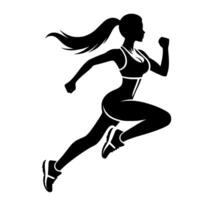Silhouette of a female runner in dynamic motion, depicting fitness and exercise, with flowing ponytail and sportswear against white background. vector