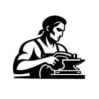 A stoic blacksmith, rendered in a bold, minimalist style, intently focuses on his craft, working at an anvil with his hammer. vector