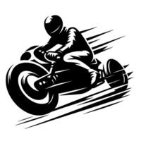 Dynamic black and white silhouette of a racer on a cafe racer motorcycle with speed lines, evoking motion and adrenaline. vector
