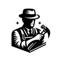 Black and white of a carpenter, wearing a hat and suspenders, holding a hammer, with stylized stars in the background. vector