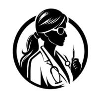 A stylized black and white silhouette of a female medical professional holding a syringe within a circular frame, featuring a stethoscope and glasses. vector
