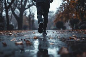A person is walking on a wet road with leaves on the ground photo