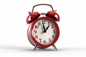 A red alarm clock with the time of isolated on white background photo