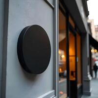 A black circular light is mounted on the side of a building photo