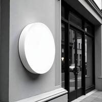 A white circular light mounted on the side of a building photo