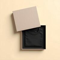 Black t - shirt mockup in a box on a beige background photo