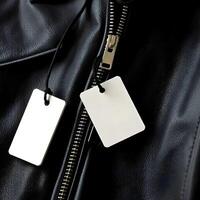 A pair of tags on a black leather jacket photo