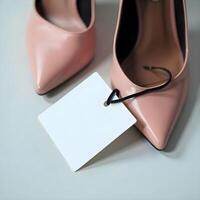 A pair of pink high heels with a tag photo