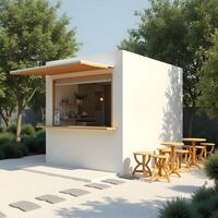 A small white building with a bar and chairs photo