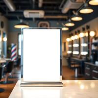 A blank sign on a counter in a barber shop photo