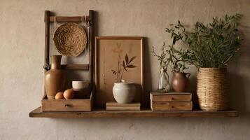 Rustic Shelf With Woven Basket, Ceramic Vases, and Botanical Elements photo