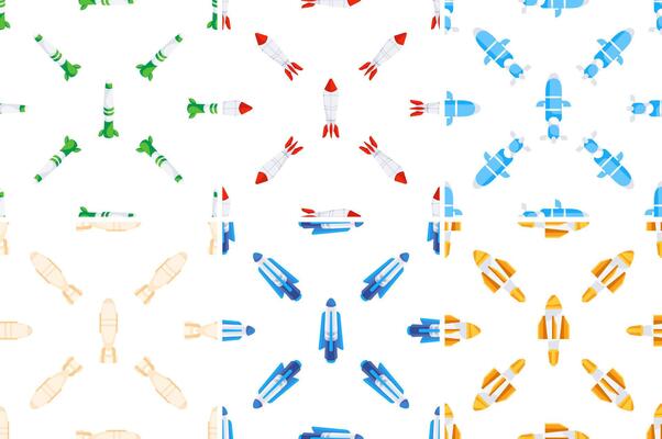 Seamless patterns with colorful missiles and bombs launching to the sky