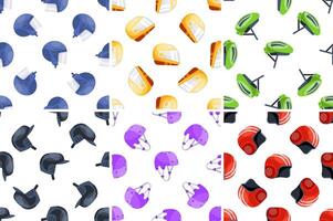 Seamless patterns with colorful helmets for different sports and activities, offering safety and protection vector