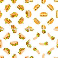 Seamless pattern with sandwiches and wraps showing various fillings including tomatoes, lettuce, cheese, and olives vector