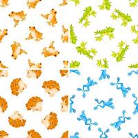 Four seamless patterns with colorful frogs jumping and croaking vector