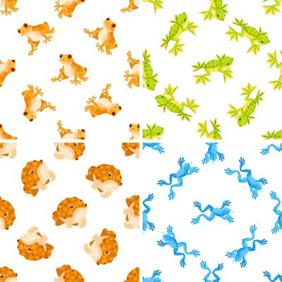 Four seamless patterns with colorful frogs jumping and croaking