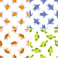 Four seamless patterns with walking and swimming turtles in different colors vector