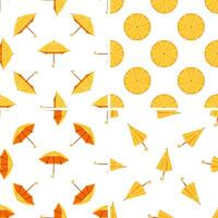 Set of seamless patterns with yellow umbrellas rotating and opening on white background vector